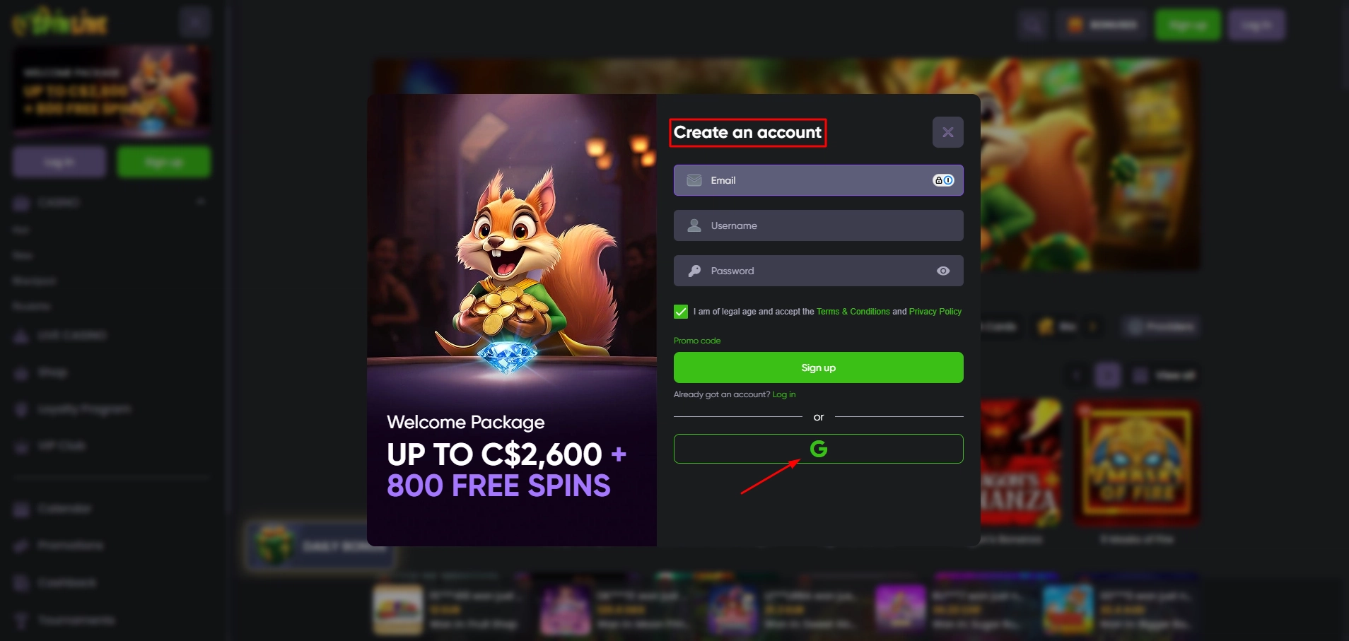 Spinline Casino create account page featuring a quick Google account registration option